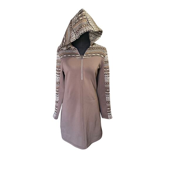 Athleta Dress Nordic Fair Isle Fitted Hoodie Sweatshirt Brown - Picture 1 of 10